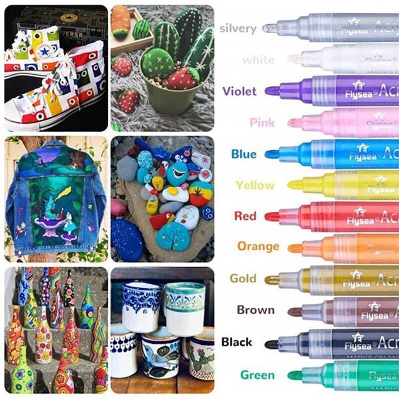 Flysea Acrylic Paint Pens – 12 Colour Set with 2-3mm Tips