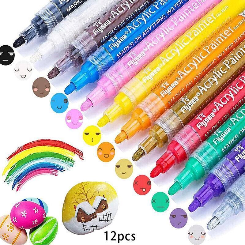 Flysea Acrylic Paint Pens – 12 Colour Set with 2-3mm Tips