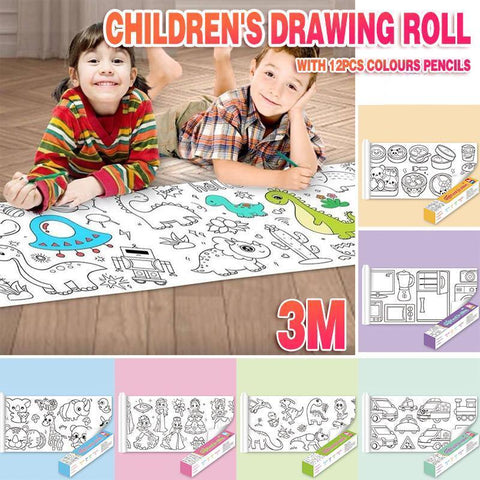 Premium DIY Colouring Paper Roll – Lovely Princess 3m with 12 Colour Pencils
