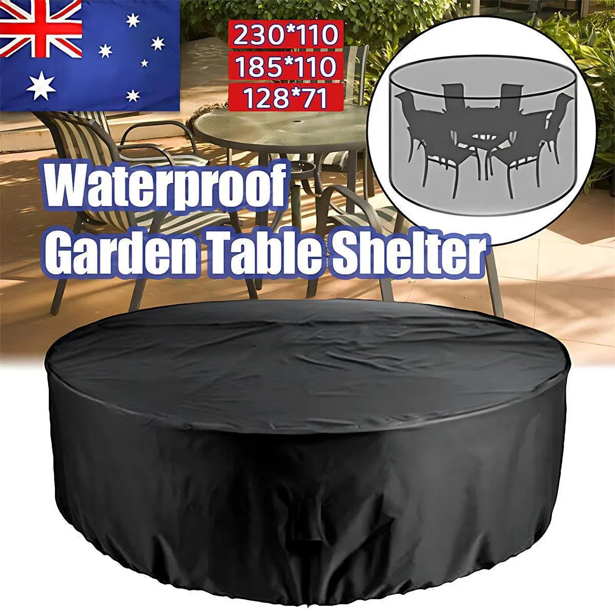 Premium 230x110cm Round Waterproof Outdoor Furniture Cover Black Garden Table Protector