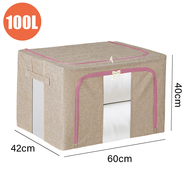 Premium 100L Grey Foldable Linen Storage Box with Steel Frame and Clear Window