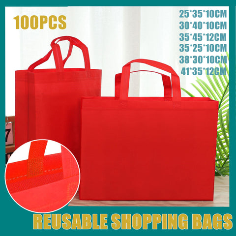 100PCS Reusable Non Woven Shopping Bags Eco Friendly Washable Tote Bags Red - 38X30X10CM - SuperSaverAU - view 1