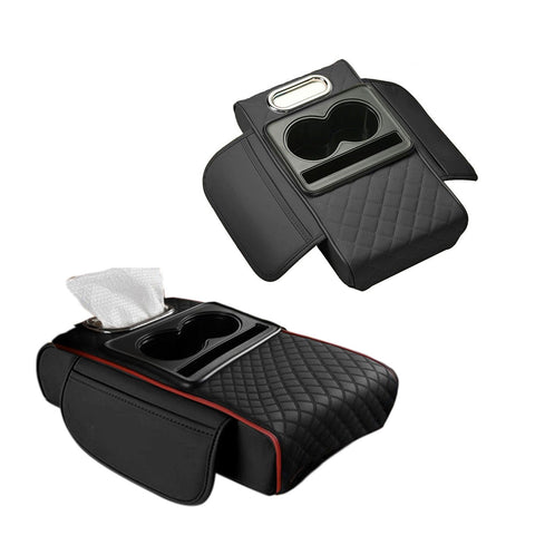 Premium Black Red Car Armrest Pad with Cup Holders and Storage Box