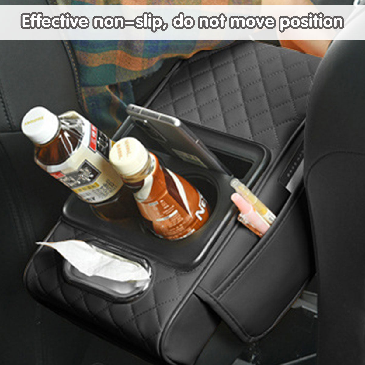 Premium Black Red Car Armrest Pad with Cup Holders and Storage Box