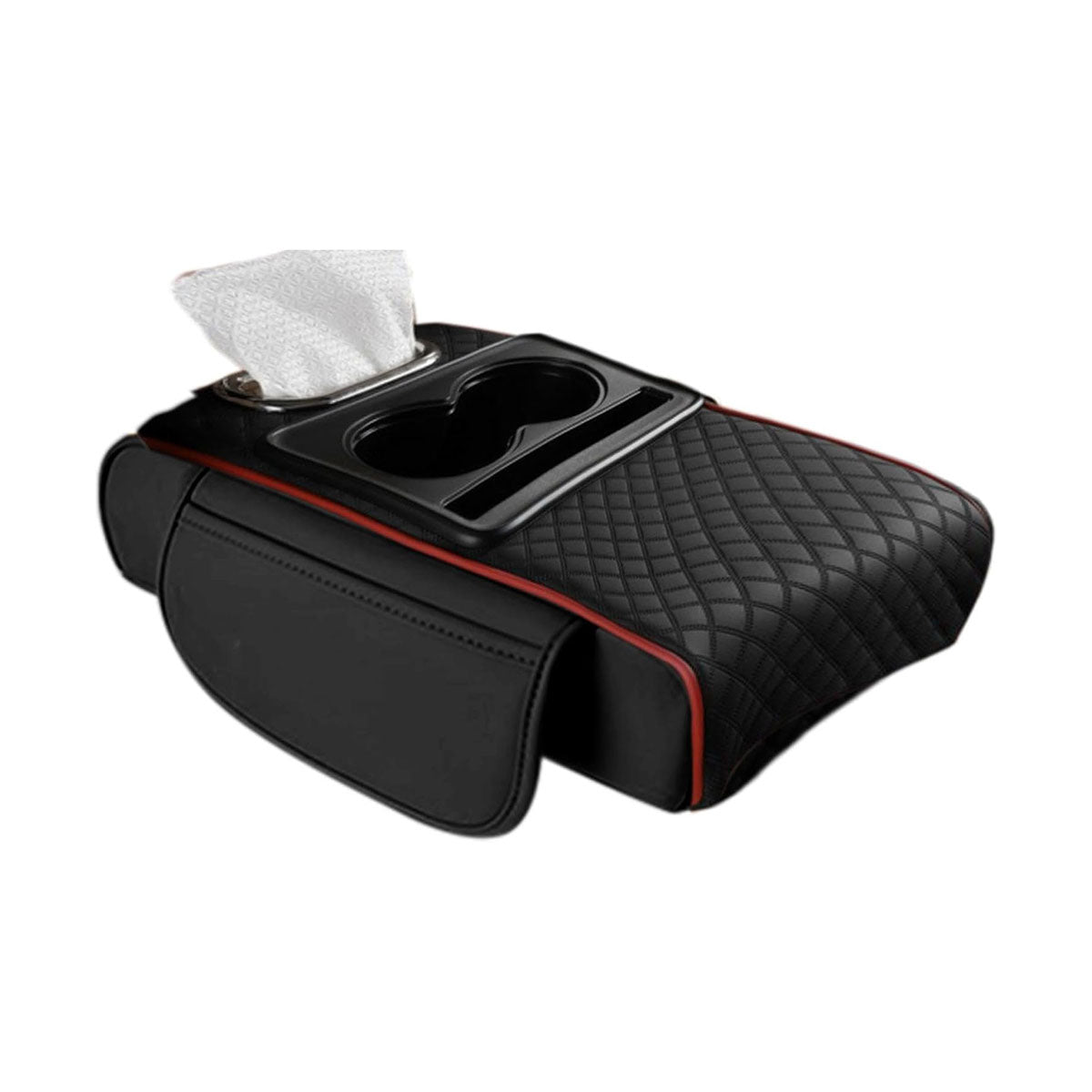 Premium Black Red Car Armrest Pad with Cup Holders and Storage Box