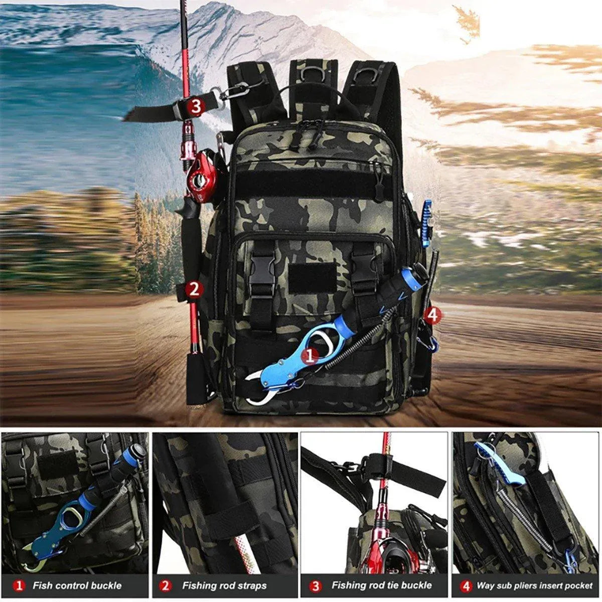 Premium Fishing Tackle Backpack – Black with Rod Holders