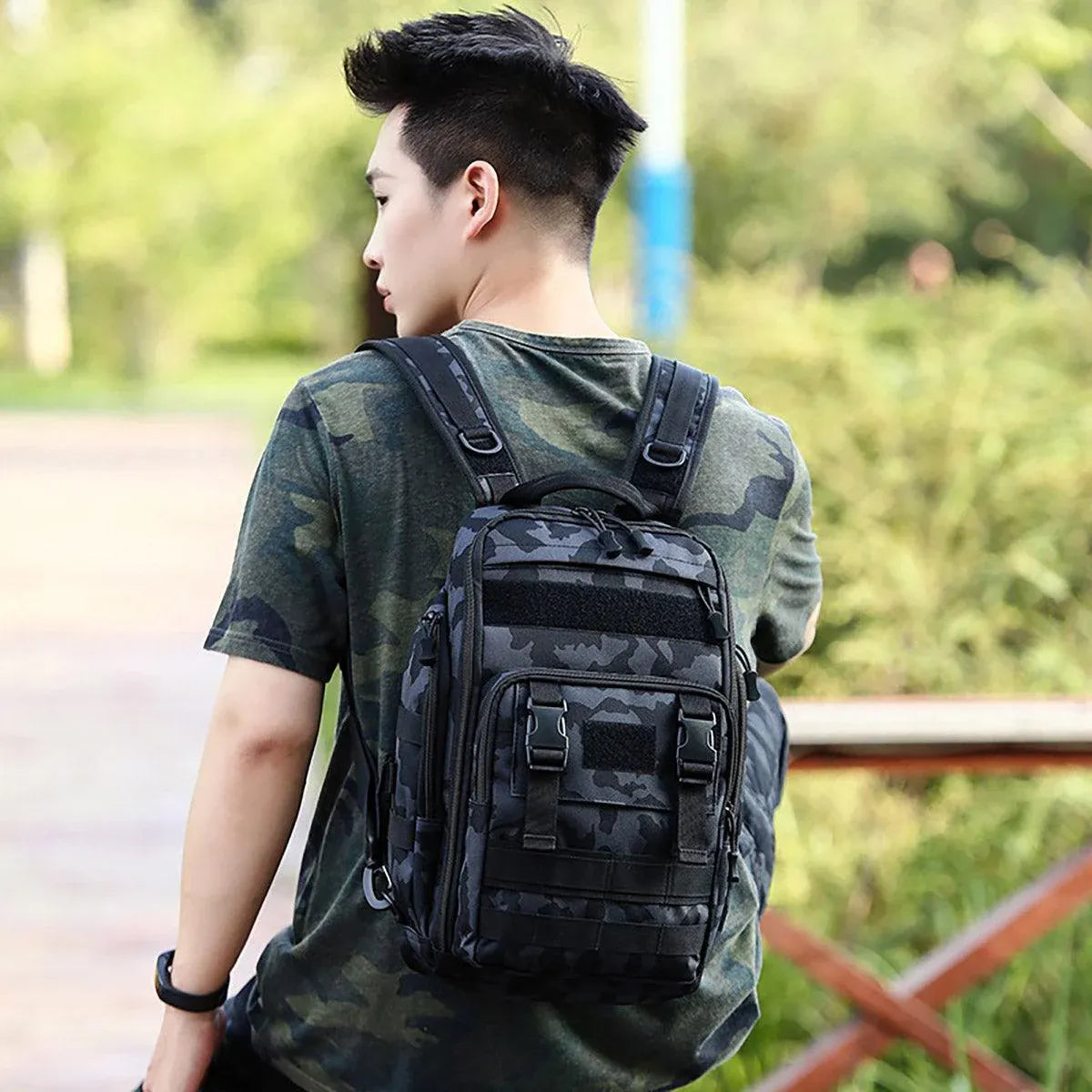 Premium Fishing Tackle Backpack – Night Camouflage with Rod Holders