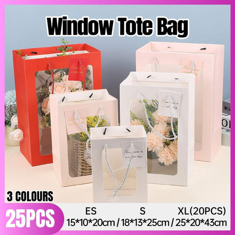 25x Thick Gift Bags with Transparent Window for Valentines Day Bouquets and Gift - Tote-Bag-25pcs-Pink-18-13-25cm - SuperSaverAU - view 1