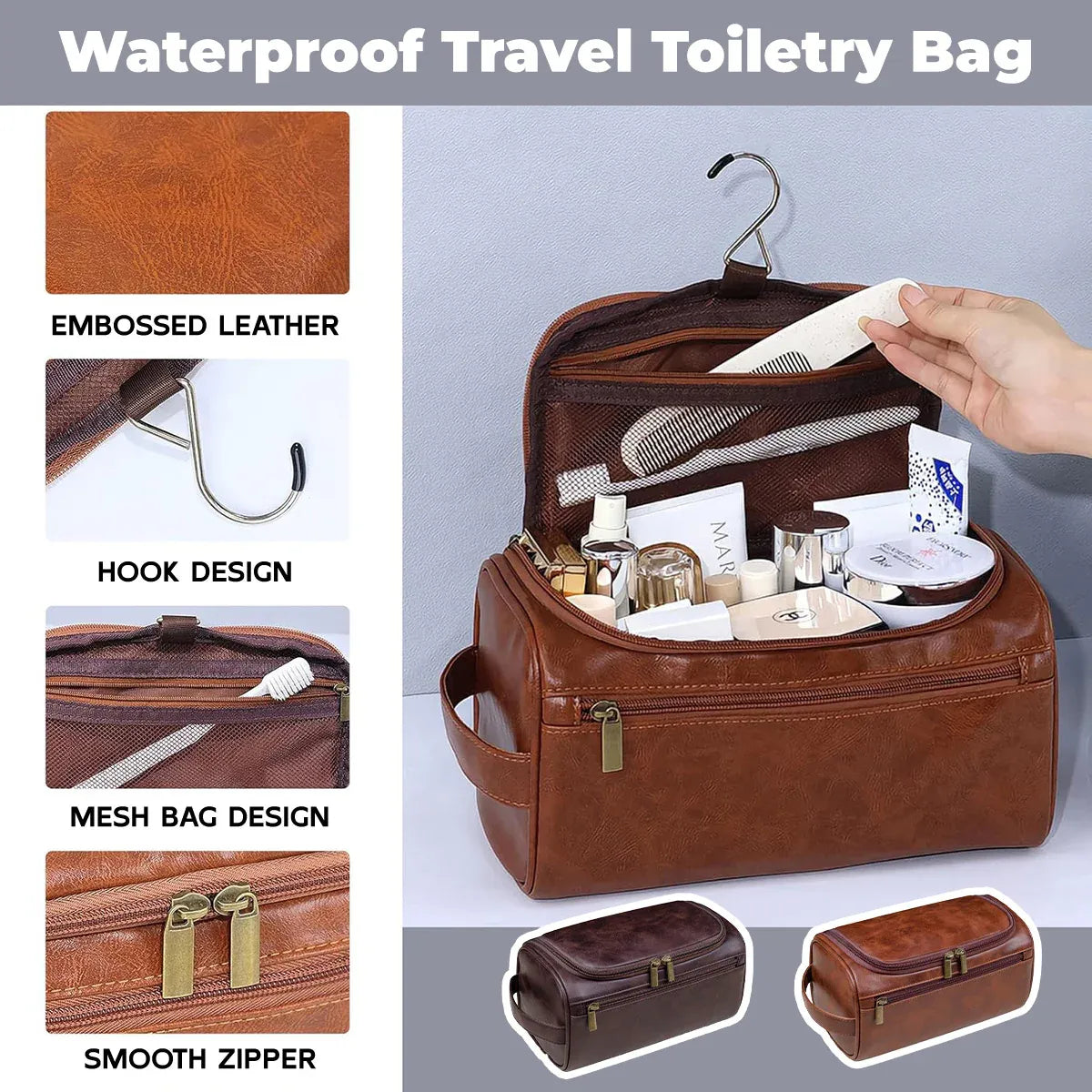 Premium Large PU Leather Waterproof Travel Toiletry Bag Brown 25x13x13cm