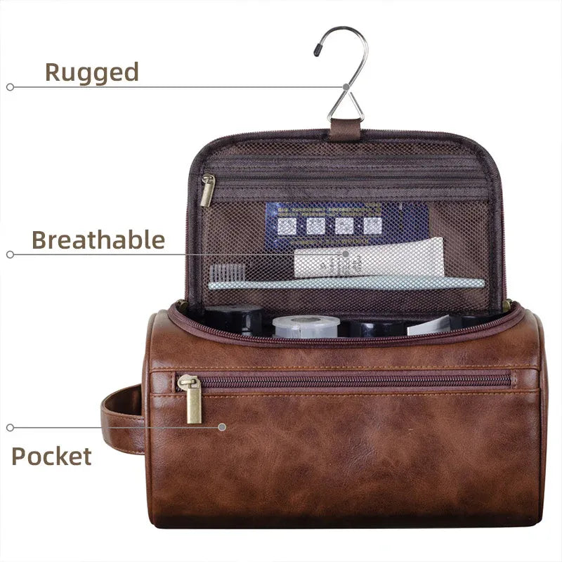 Premium Large PU Leather Waterproof Travel Toiletry Bag Brown 25x13x13cm