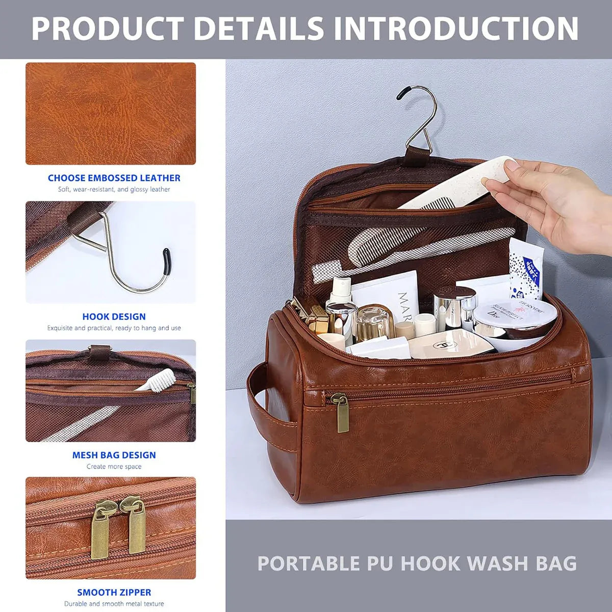 Premium Large PU Leather Waterproof Travel Toiletry Bag Brown 25x13x13cm