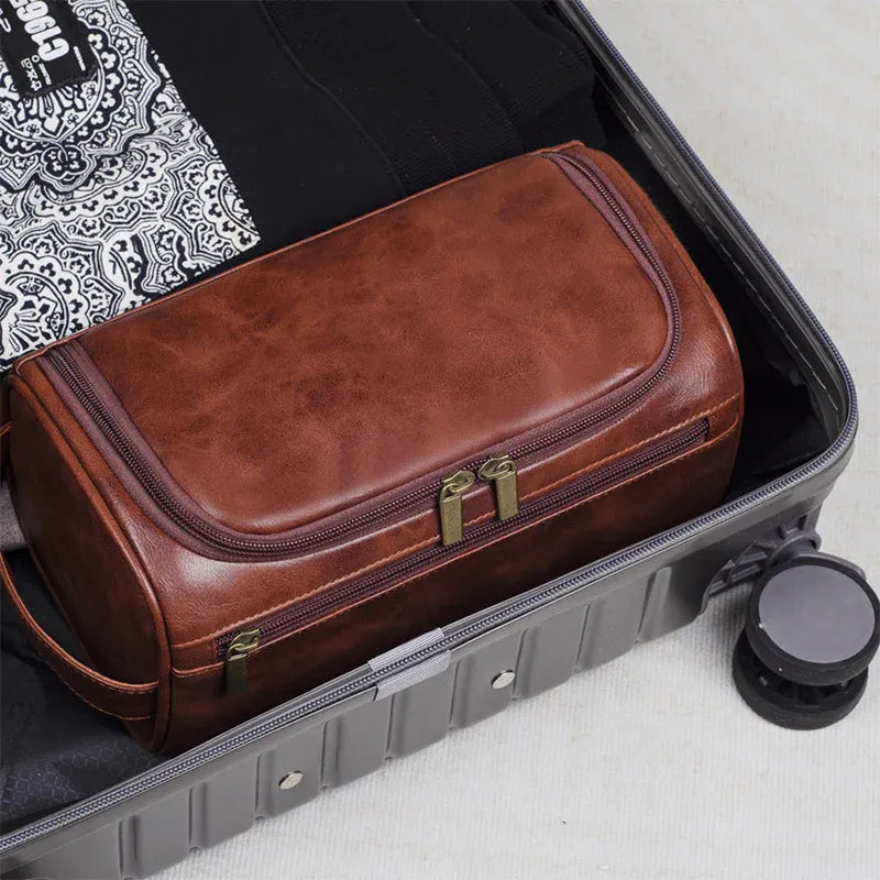 Premium Large PU Leather Waterproof Travel Toiletry Bag Red Brown 25x13x13cm