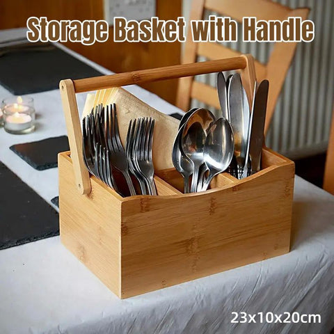 Portable Bamboo Storage Basket Organizer, 4 Compartments, 9.06 x 3.94 x 7.87 inches - SuperSaverAU - view 1