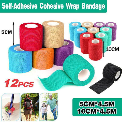 Premium Self Adhesive Cohesive Wrap Bandage 12 Pack - 5cm x 4.5m