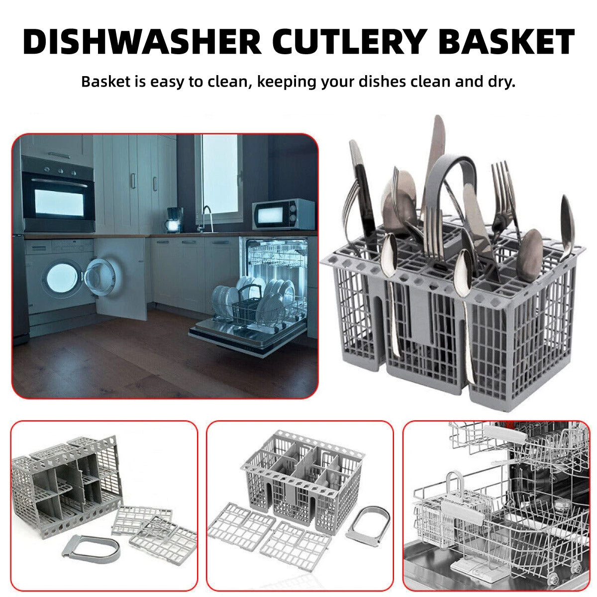 Premium Grey Universal Dishwasher Cutlery Basket with Detachable Handle