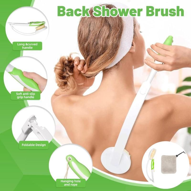 Premium Long Curved Handle Back Bath Brush with Soft Bristles and Microfiber Towel