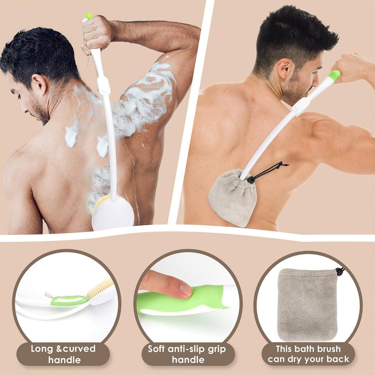 Premium Long Curved Handle Back Bath Brush with Soft Bristles and Microfiber Towel