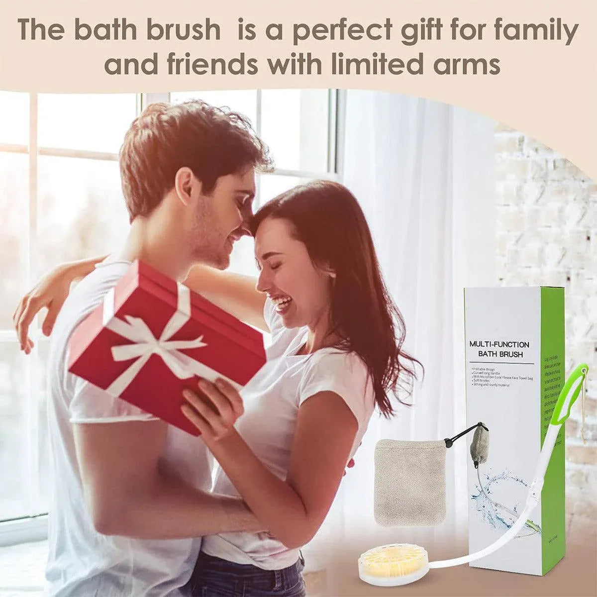 Premium Long Curved Handle Back Bath Brush with Soft Bristles and Microfiber Towel