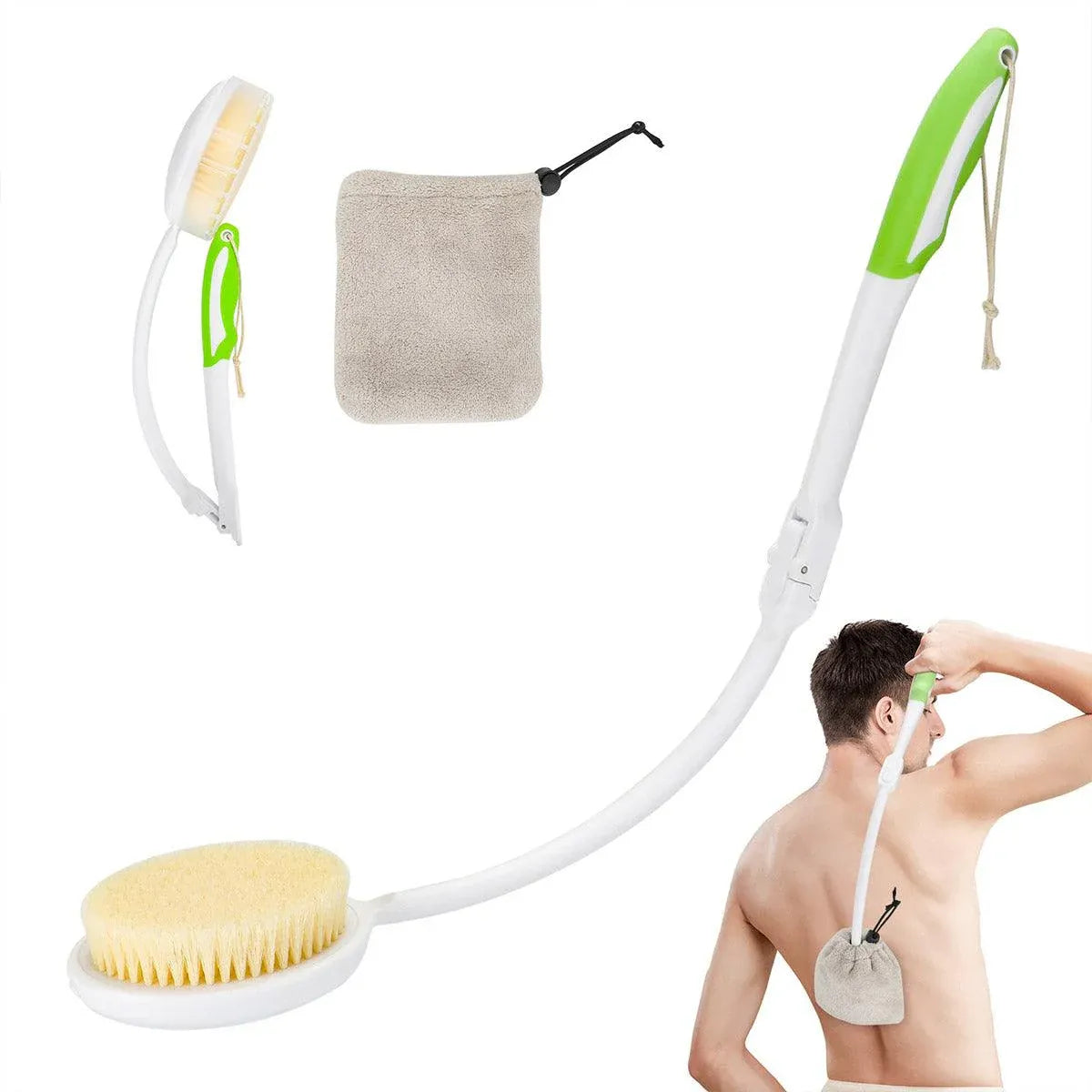 Premium Long Curved Handle Back Bath Brush with Soft Bristles and Microfiber Towel
