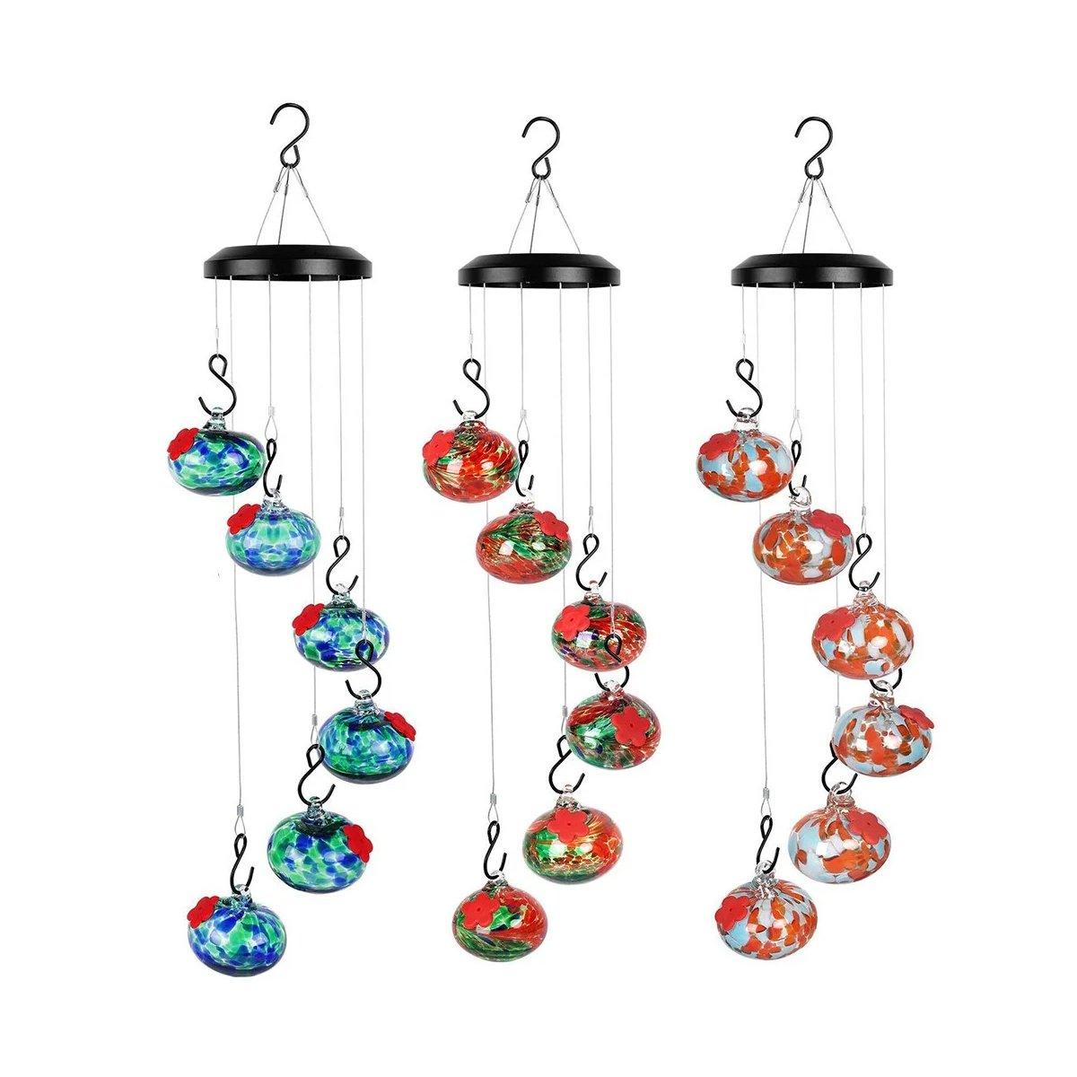 Hanging Hummingbird Feeder 59.6 cm - Hand-Blown Glass, Flower Ports, Multicoloured - SuperSaverAU - view 2