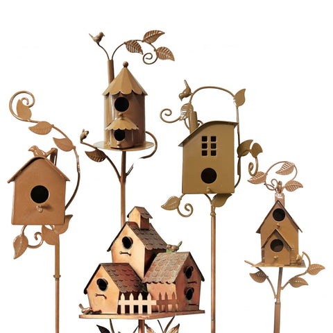 Metal Birdhouse Garden Stakes - 5 Unique Rustic Designs, 170-200mm, Weather-Resistant - SuperSaverAU - view 1