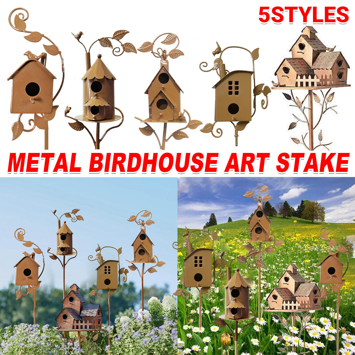 Rustic Copper Metal Birdhouse Garden Stakes - 5 Unique Designs, 170-200mm - SuperSaverAU - view 1