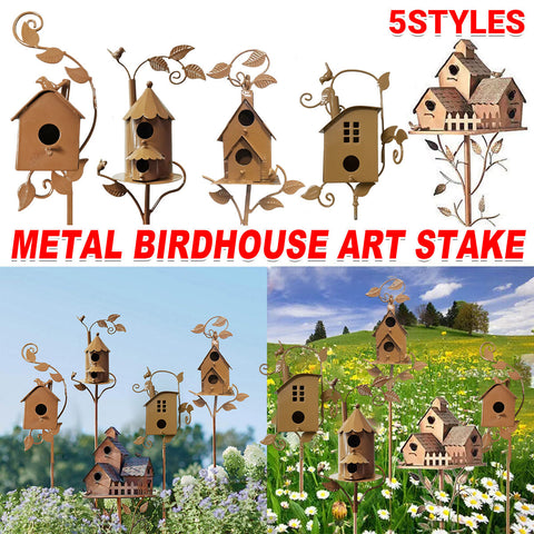 Rustic Copper Metal Birdhouse Garden Stakes - 5 Unique Designs, 170-200mm - SuperSaverAU - view 1