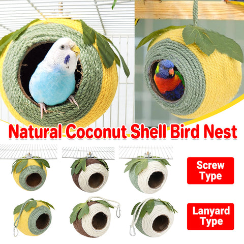 Coconut Shell Bird Nest for Small Birds - 13cm, Colourful Braided Hanging Bed - SuperSaverAU - view 1