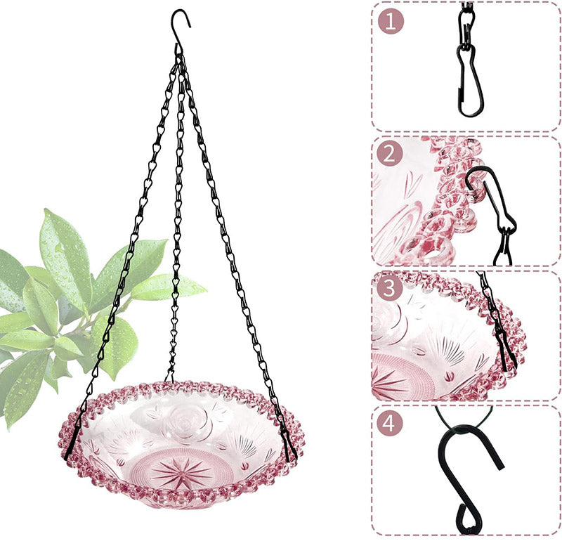 Premium Hanging Glass Bird Bath and Feeder – Pink