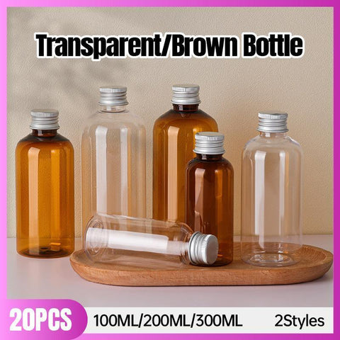 20pcs Brown Transparent Cosmetic Bottles with Aluminum Lids - 100ml - SuperSaverAU - view 1