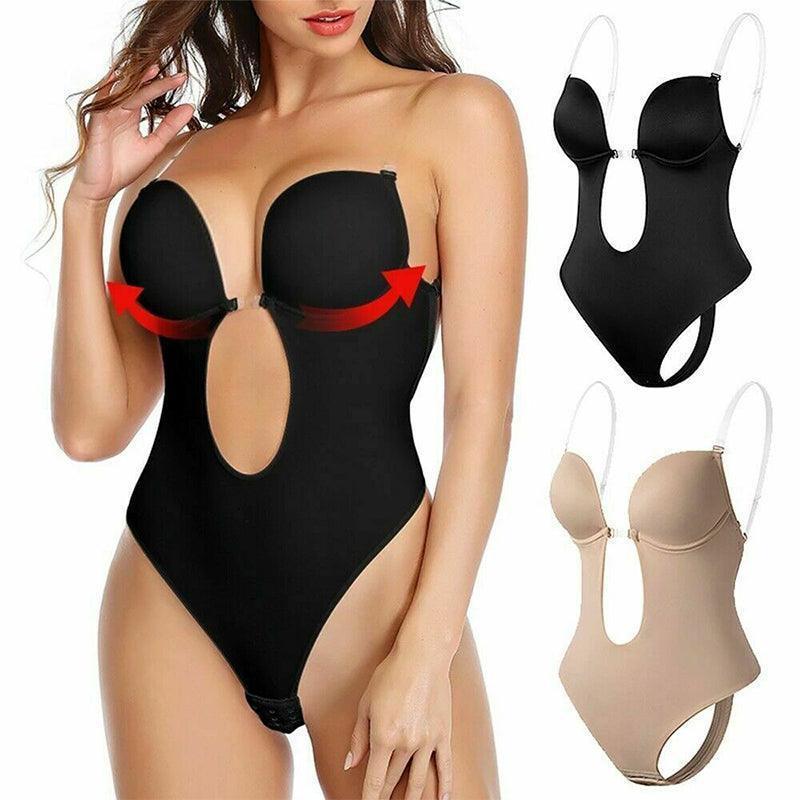 Black S Size Women Deep U Plunge Bodysuit - Seamless Push Up Bra - SuperSaverAU - view 4
