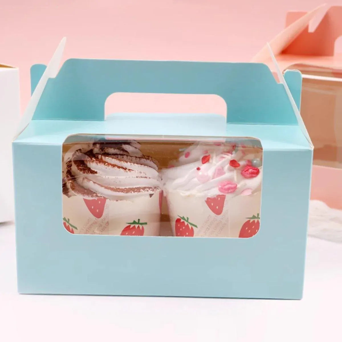 Premium 2 Cup Cupcake Boxes – White 25 Pack with Window & Handle