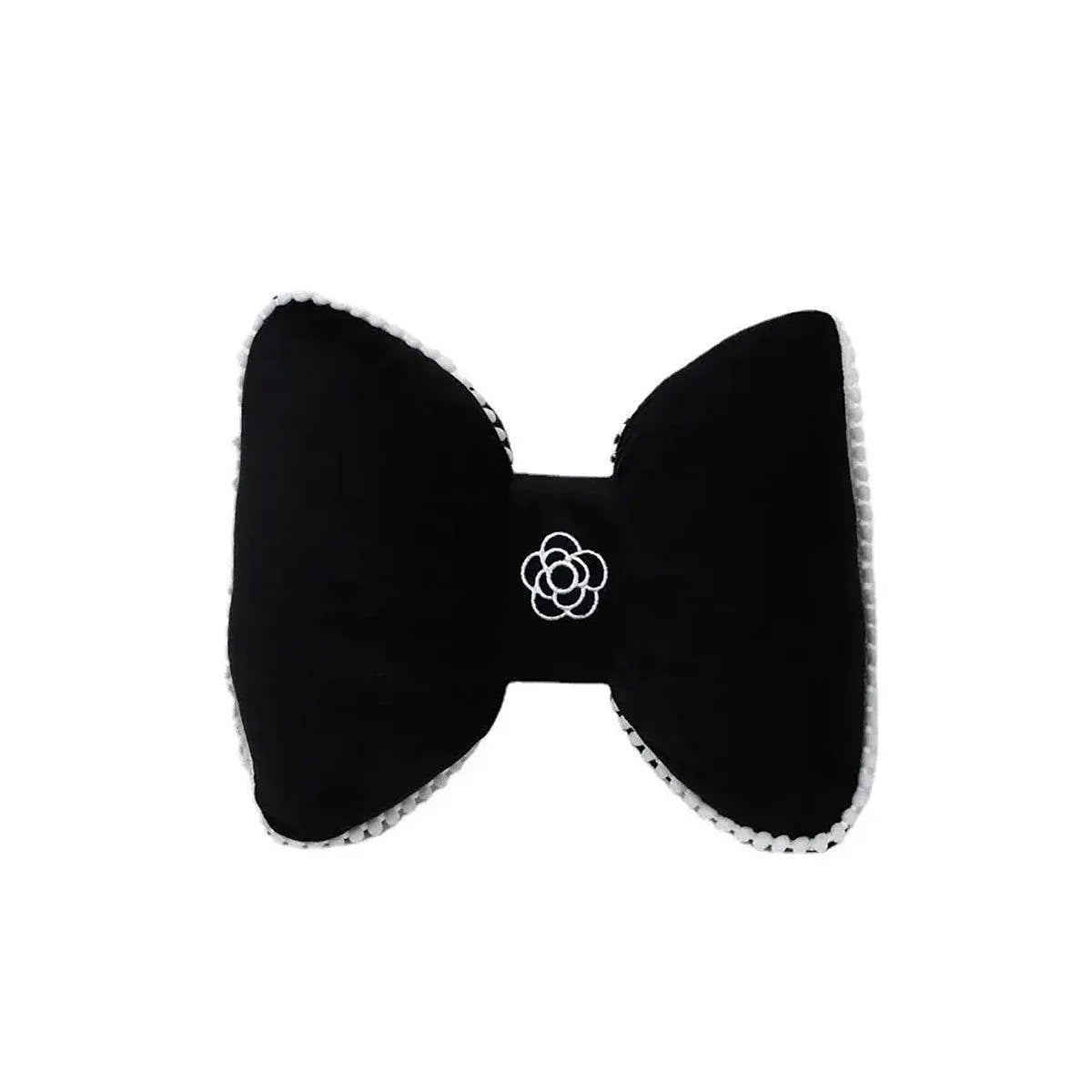 Premium Black Bowknot Car Headrest Neck Pillow with Camellia Detail