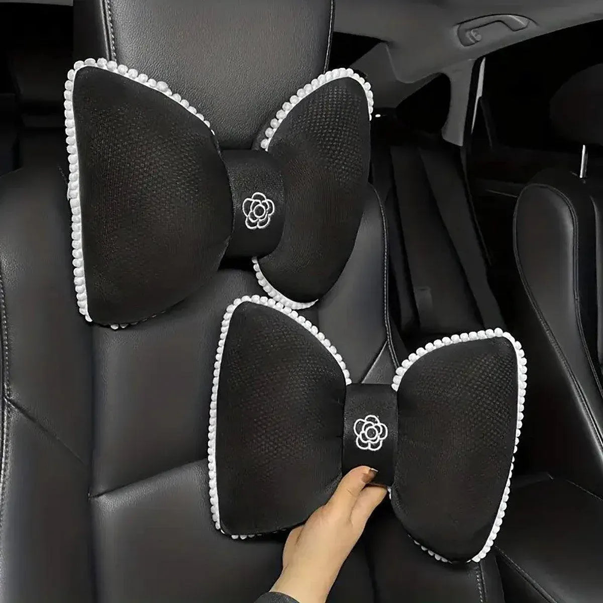 Premium Black Bowknot Car Headrest Neck Pillow with Camellia Detail