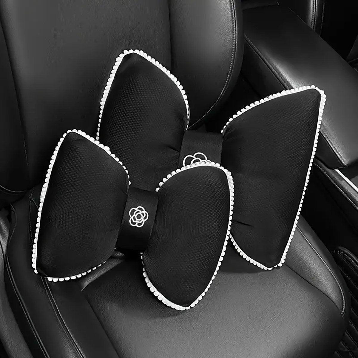 Premium Black Bowknot Car Waist Support Pillow with Camellia Detail