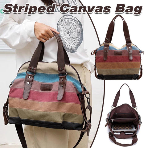 Premium Rainbow Stripe Canvas Patchwork Tote Bag