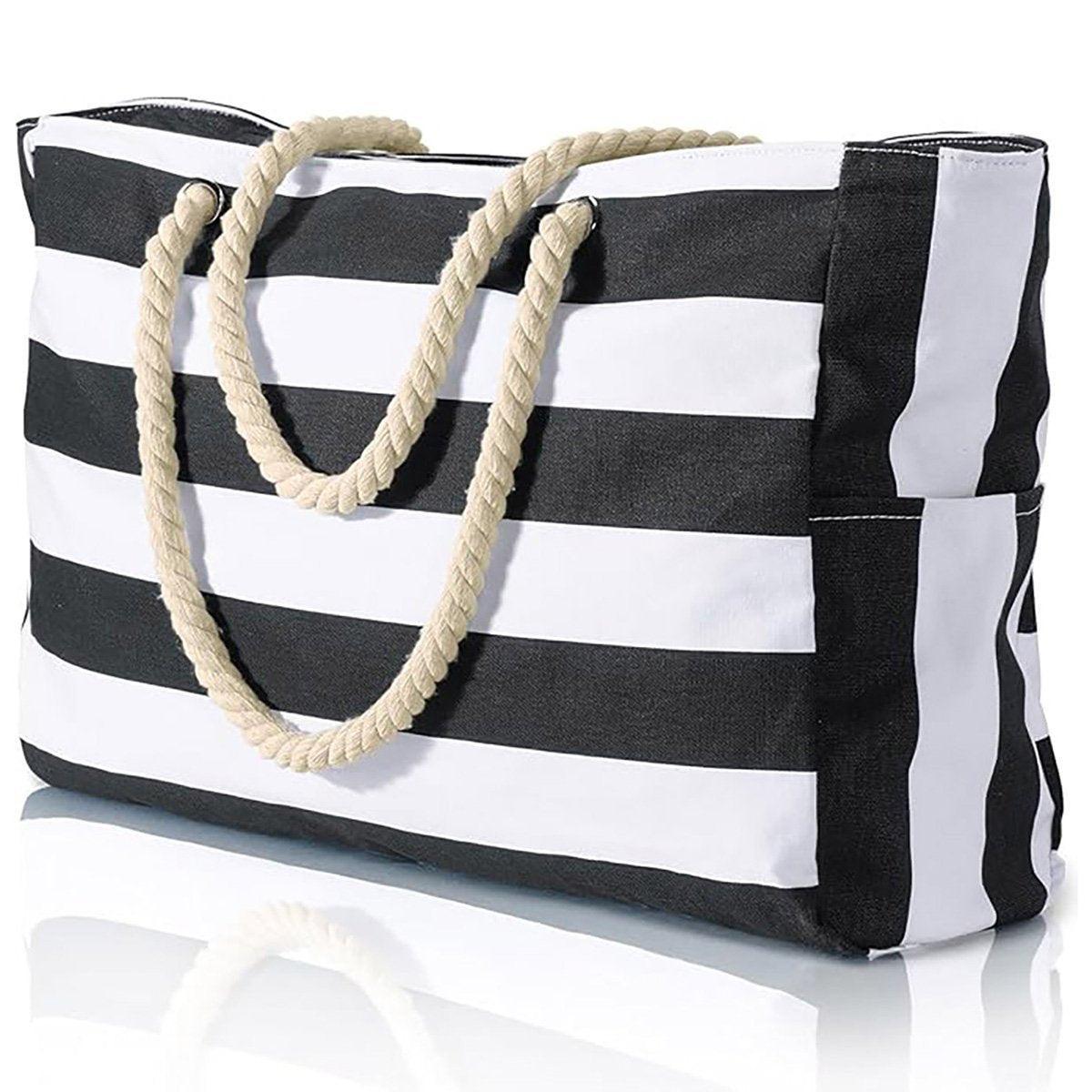 Large Bohemian Striped Canvas Beach Bag Zipper Tote for Travel Outdoor Vacation - Black - SuperSaverAU - view 7