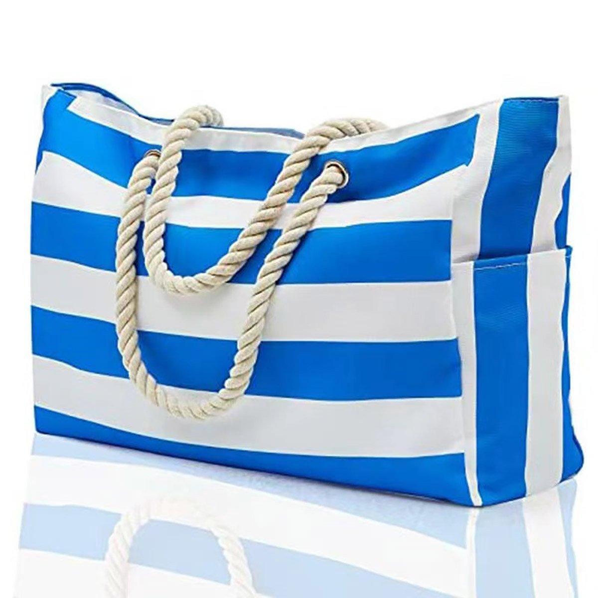 Large Bohemian Striped Canvas Beach Bag Zipper Tote for Travel Outdoor Vacation - Black - SuperSaverAU - view 8