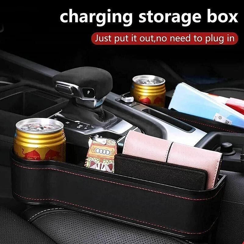 Premium Black PU Leather Car Seat Gap Organiser with Cup Holder