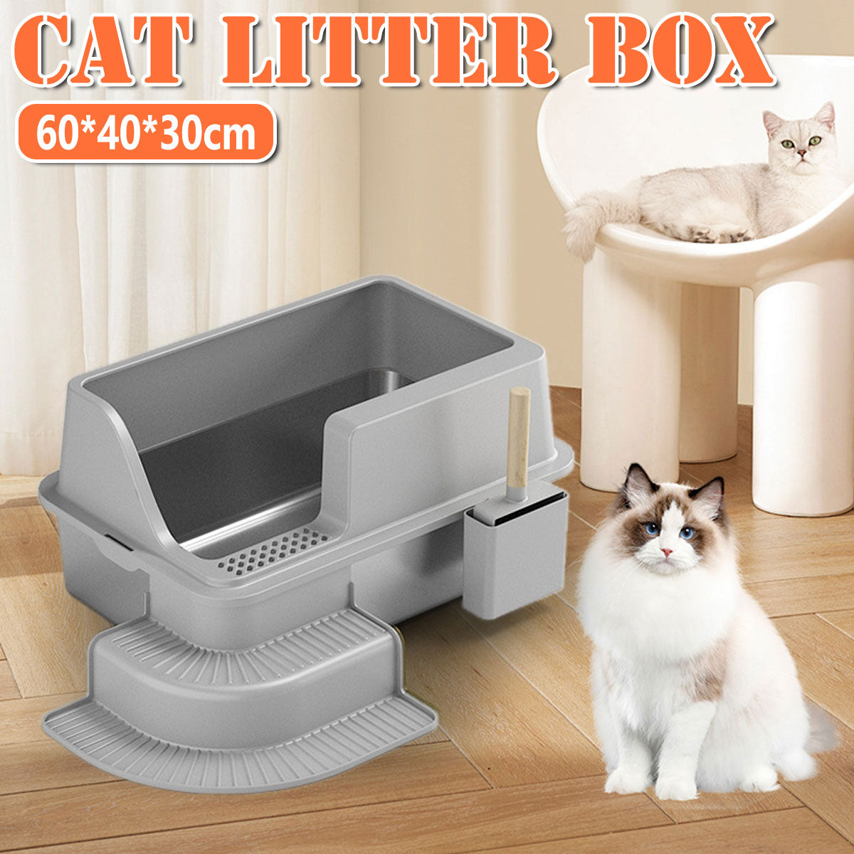 Premium Semi Enclosed Stainless Steel Cat Litter Box with Step - 60cm