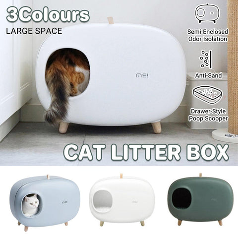 Semi-Enclosed Cat Litter Box - Drawer Style, Spacious, White, 60cm x 45cm x 38cm - SuperSaverAU - view 1