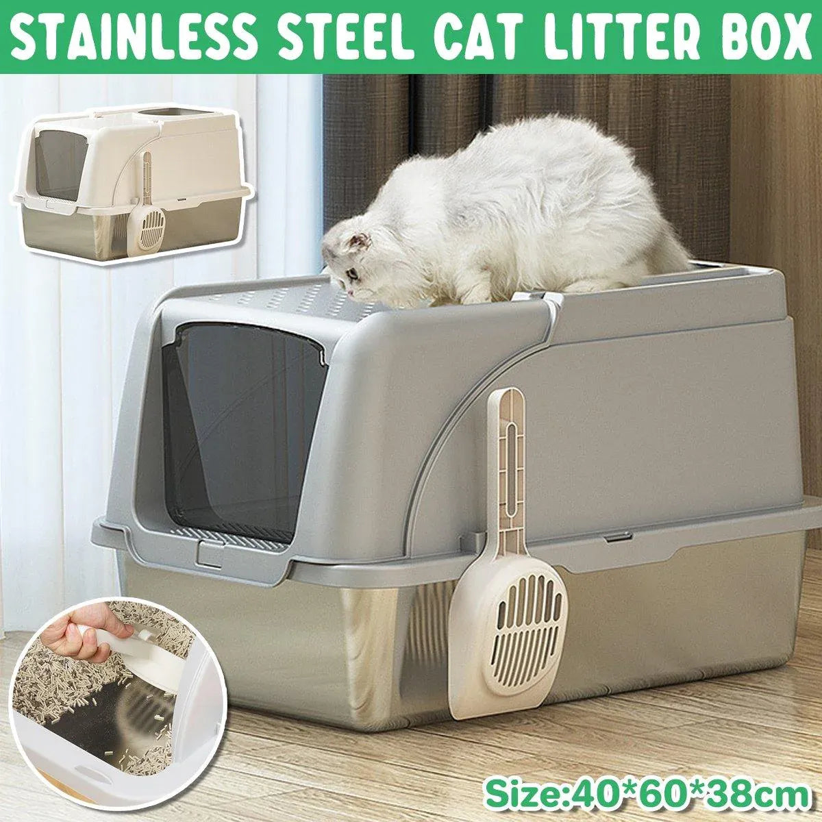 Premium Stainless Steel Cat Litter Box with Flip Cover - White