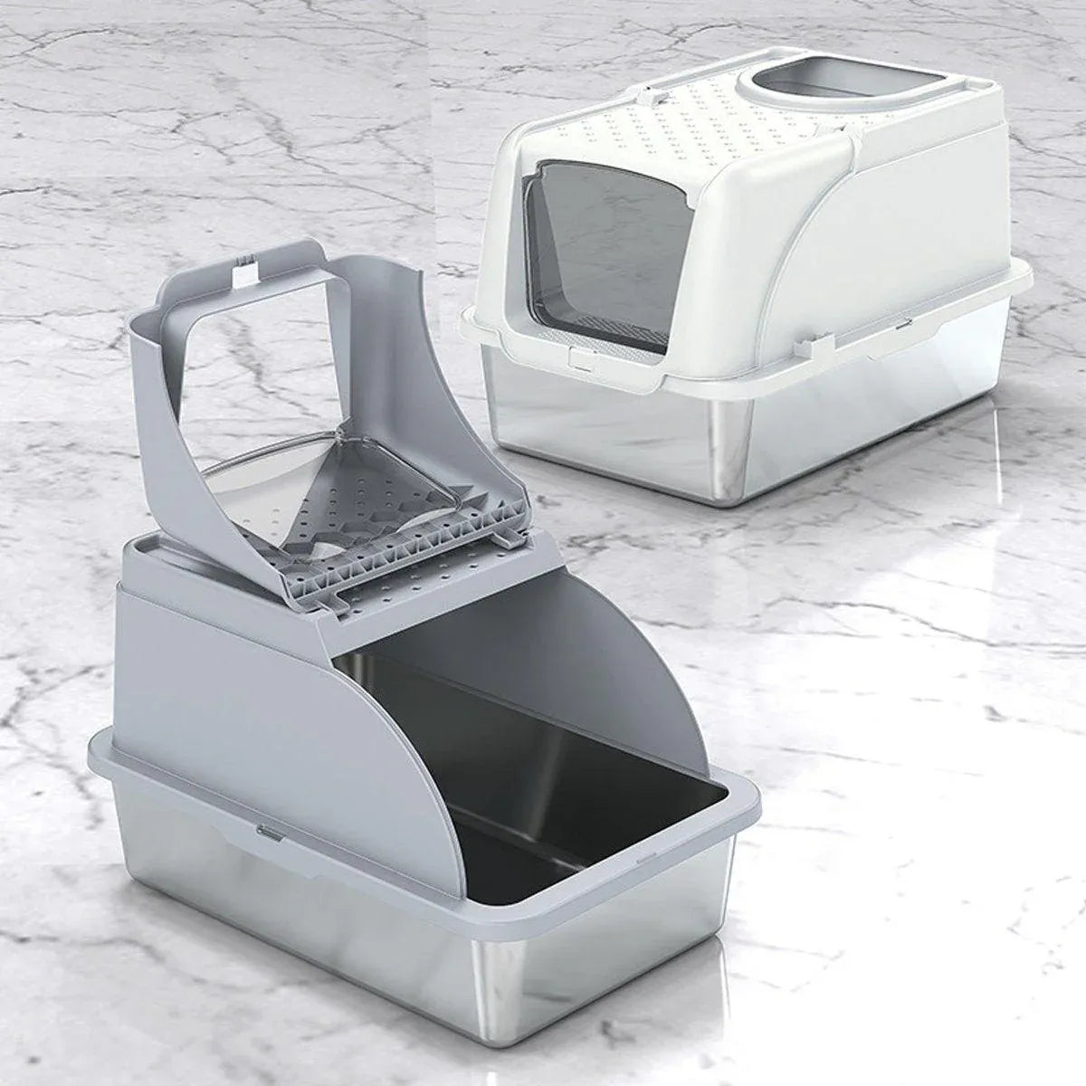 Premium Stainless Steel Cat Litter Box with Flip Cover - White