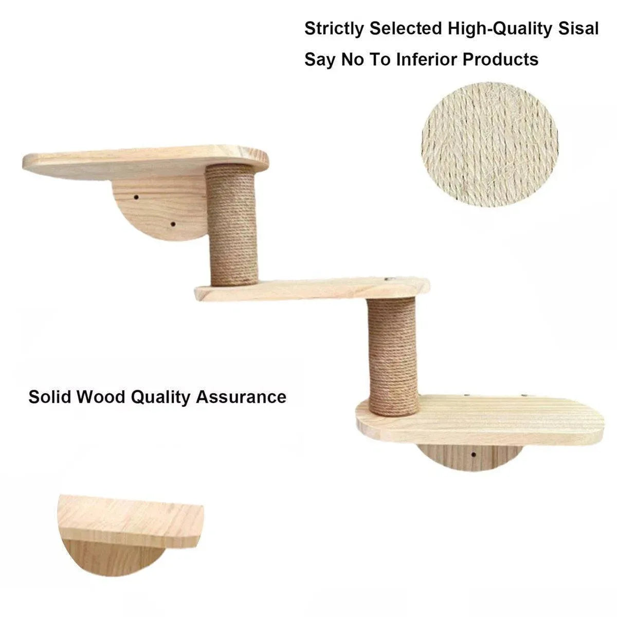 Premium Solid Wood Wall Mounted Cat Climbing Tree with Sisal Scratcher