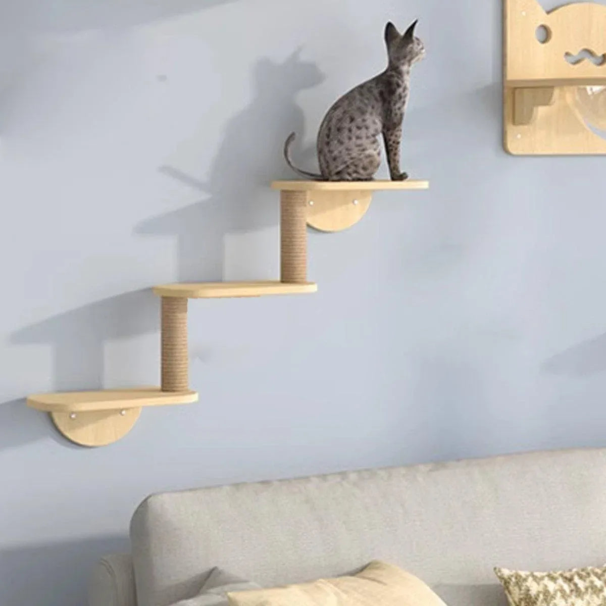 Premium Solid Wood Wall Mounted Cat Climbing Tree with Sisal Scratcher