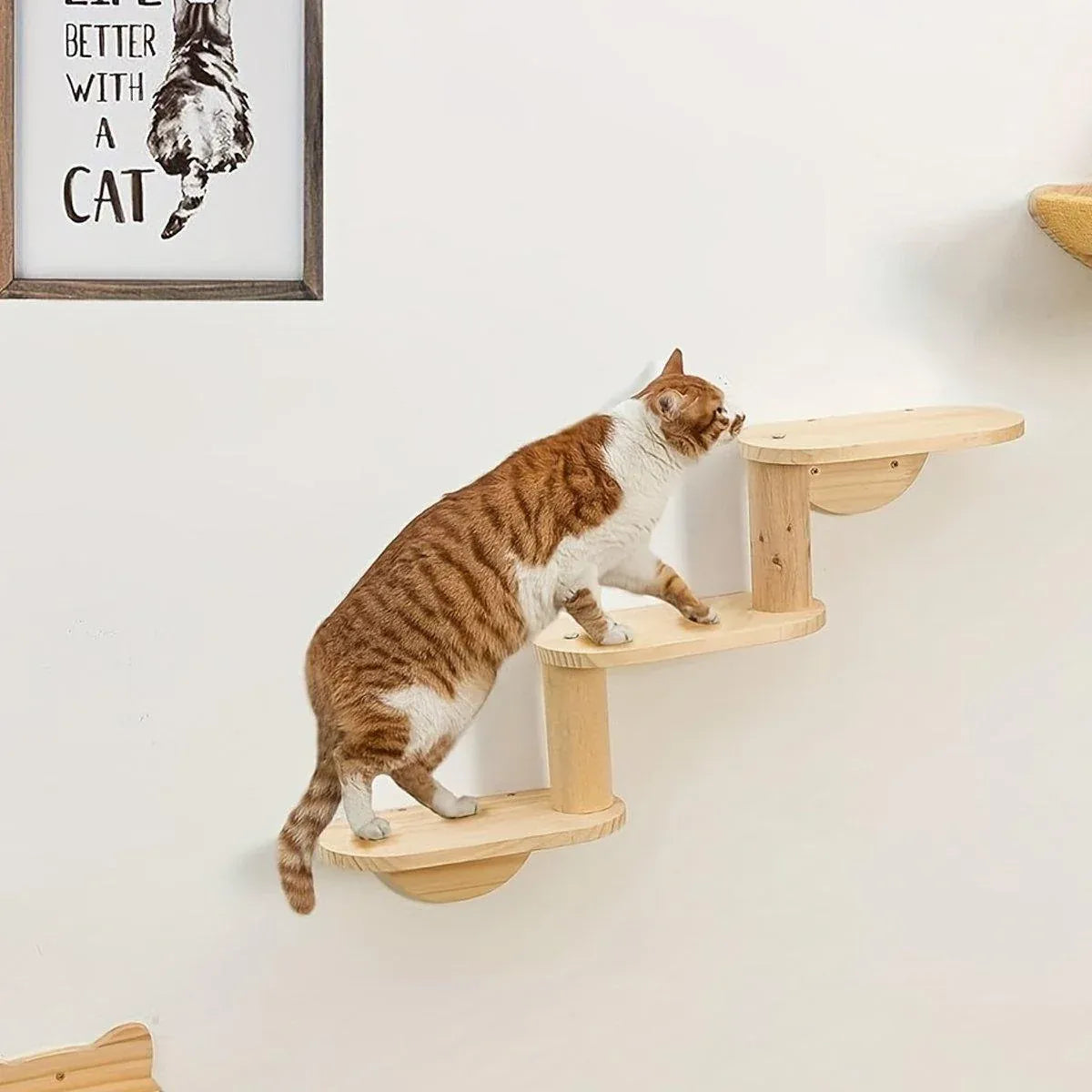Premium Solid Wood Wall Mounted Cat Climbing Tree with Sisal Scratcher