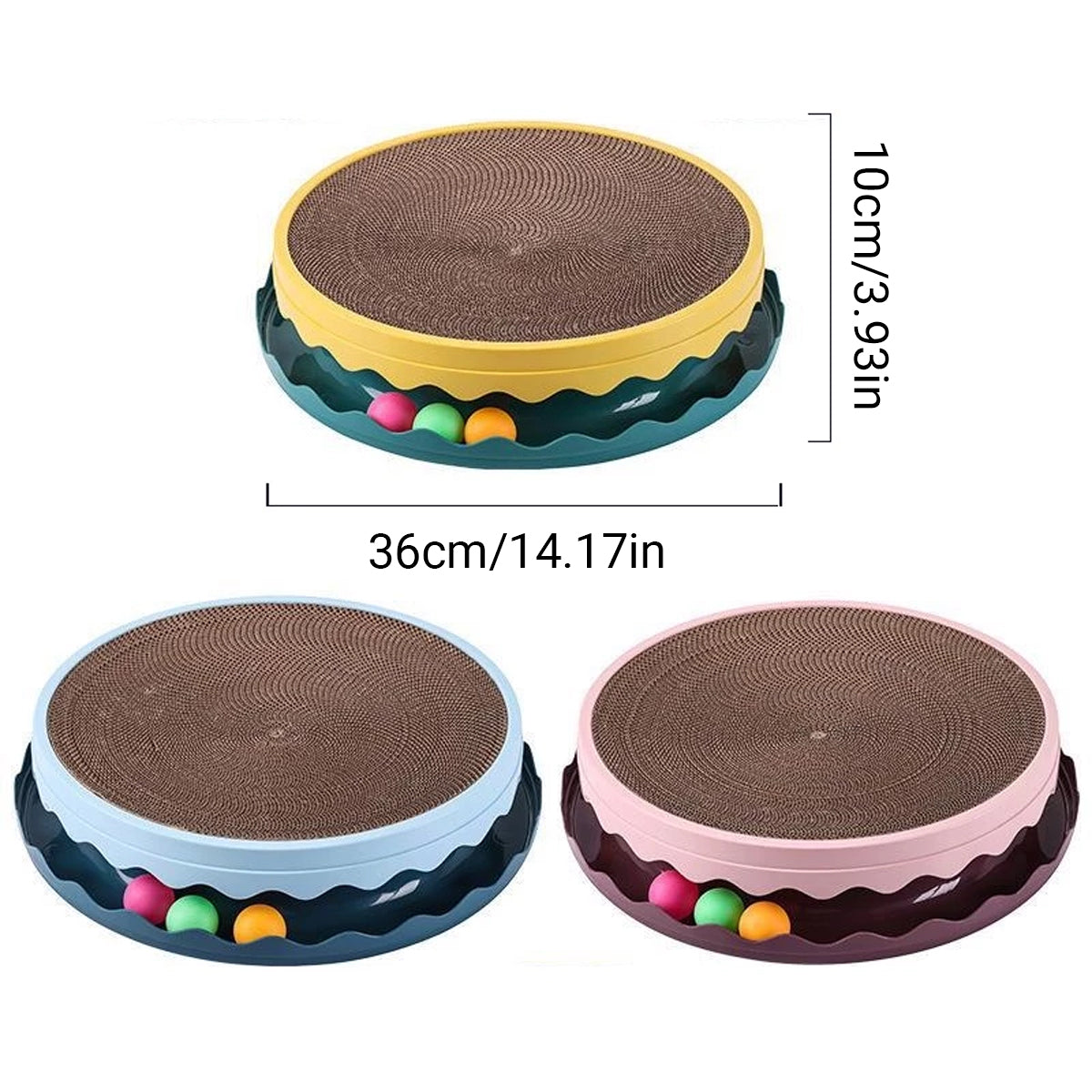 Cat Scratcher Turntable Toy - Large Round 36 cm Corrugated Board with Balls - Yellow - SuperSaverAU - view 3
