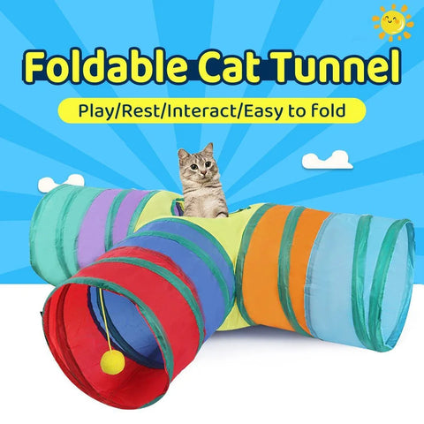 Premium Foldable Rainbow Cat Tunnel with Hanging Ball Toy