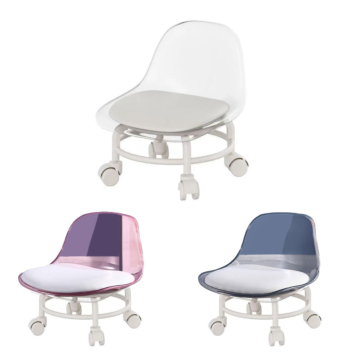 Premium White Small Stool with Universal Wheels and Backrest Portable Seat