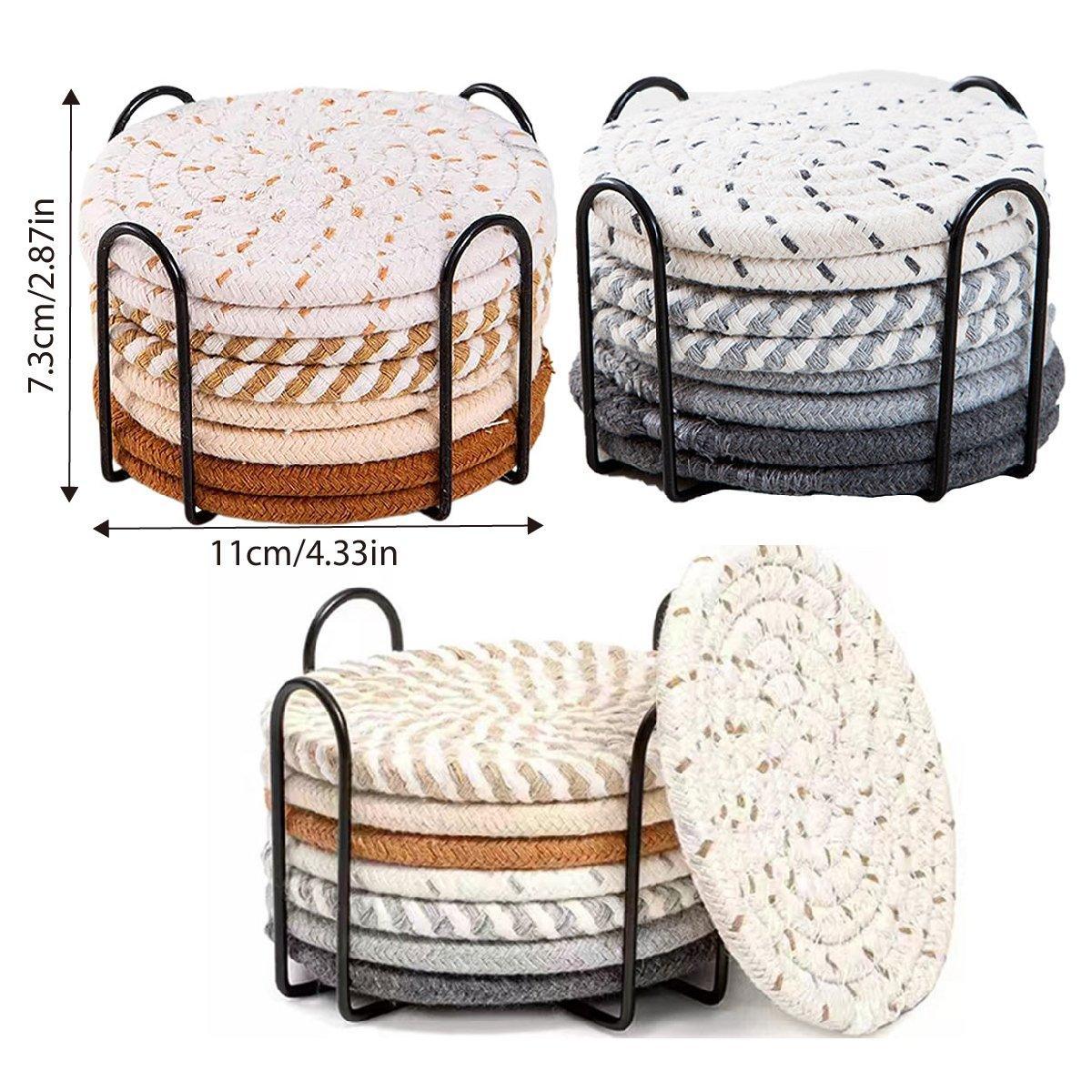 Premium Round Cotton Woven Coasters – Grey 8 Pack with Rack